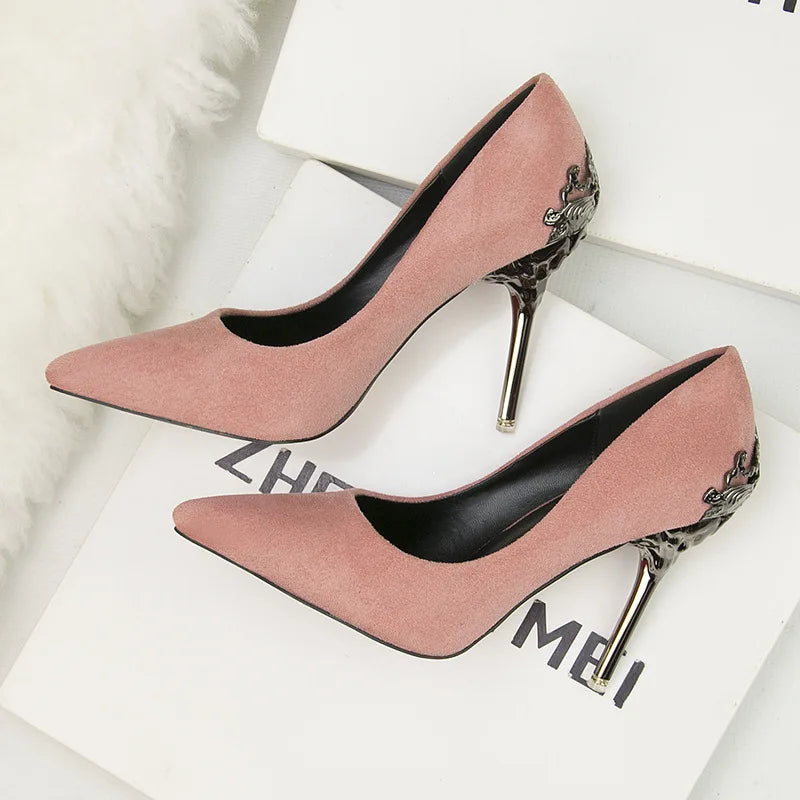 "Elegant Carved Metal Heels Wedding Pumps for Women - Stylish Pointy Toe High Heel Shoes"