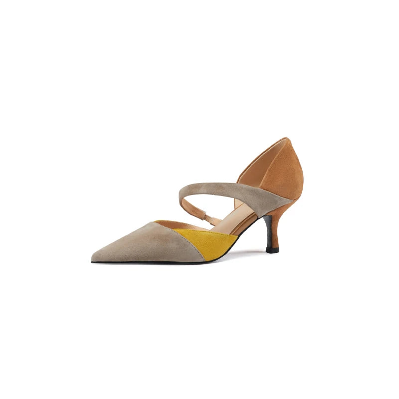 Handmade Women's Sheep Suede Slip-On Pumps with Elastic Band, Pointed Toe, and Thin Heels in Mixed Colors