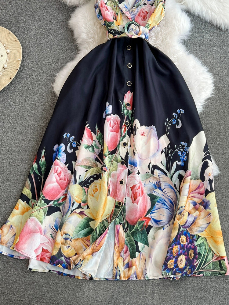 Summer Elegant Print Floral Long Dress Women's Notched Sleeveless Single Breasted Belt, Office & Partywear