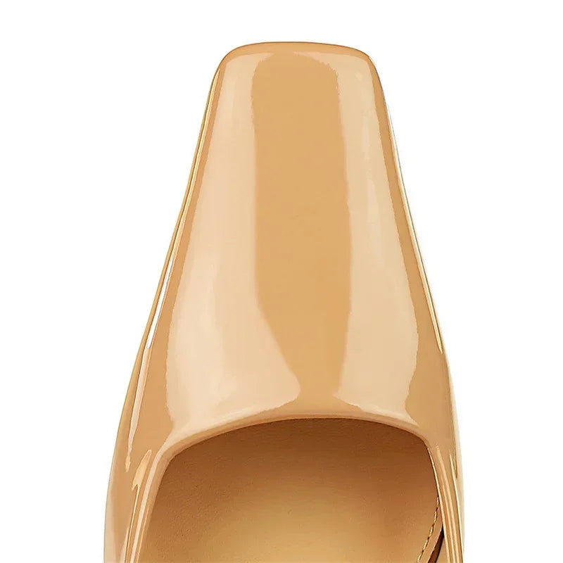 "Women’s Glossy Patent Leather Block Low Heels - 6cm High Square Toe Pumps"