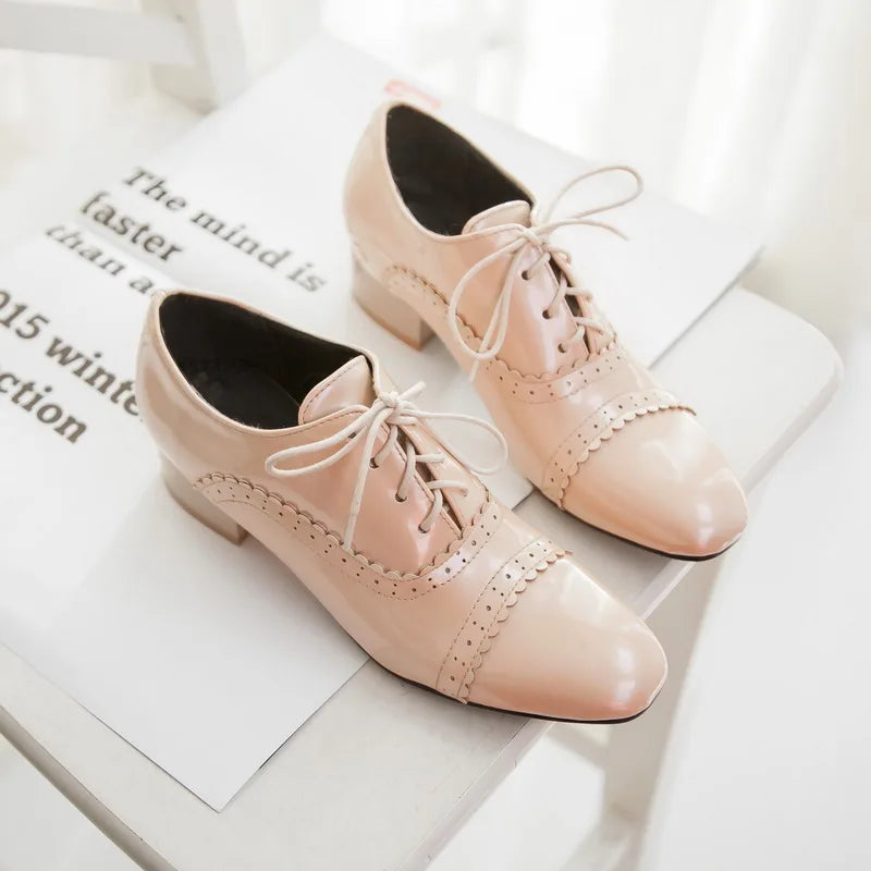 "British Retro Patent Oxford Loafers for Women - Casual Lace-Up Shoes"