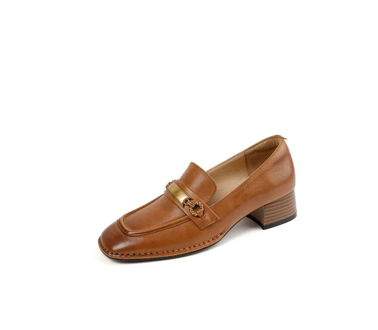 "Women’s Genuine Leather Loafers with Square Toe, Chunky Heel, and Metal Buckle – Handmade Pumps"