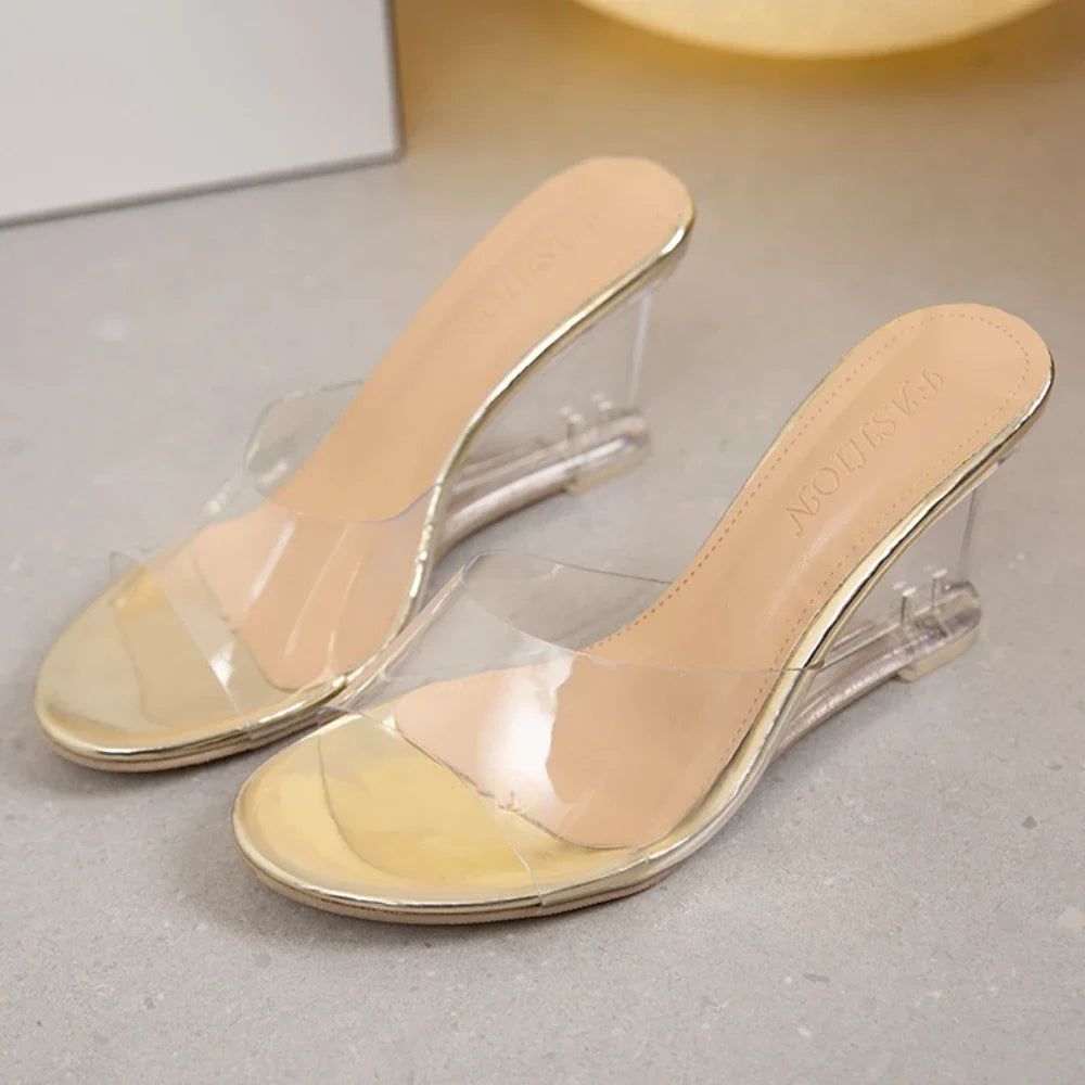 "Summer Fashion Slip-On High Heels Crystal Wedge Peep Toe Sandals for Women"