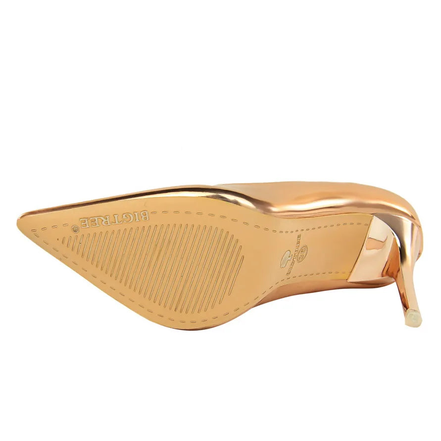 "Exquisite Women's Patent Leather Pumps - 7.5cm & 10.5cm High Heels, Metallic Stiletto Wedding Bridal Shoes."