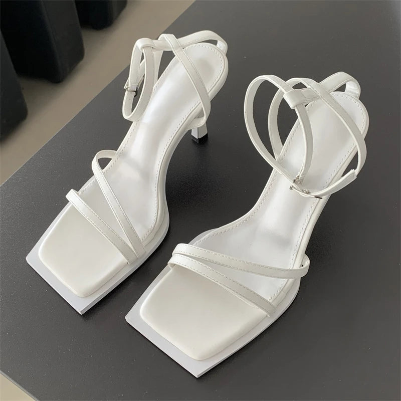 "Sexy Square Toe Ankle Strap Sandals for Women: High Heels Summer Wedding Party Shoes."