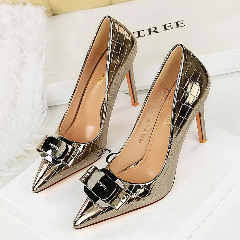 "Exquisite Fashion Statement: Patent Leather Metal Buckle Pointed Toe Heels Pumps for Elegant Women"