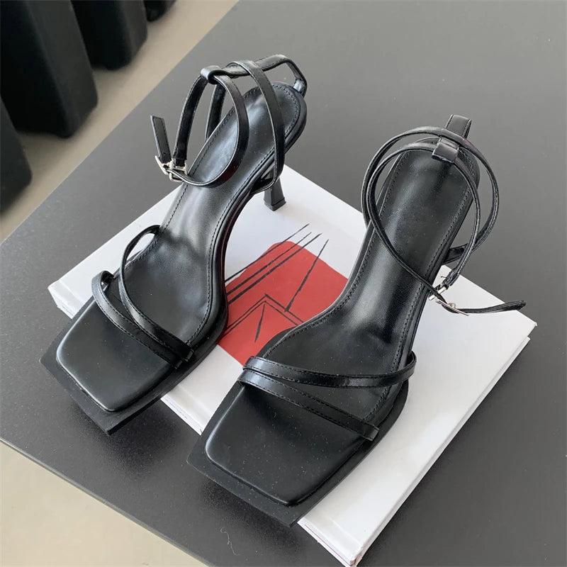 "Sexy Square Toe Ankle Strap Sandals for Women: High Heels Summer Wedding Party Shoes."