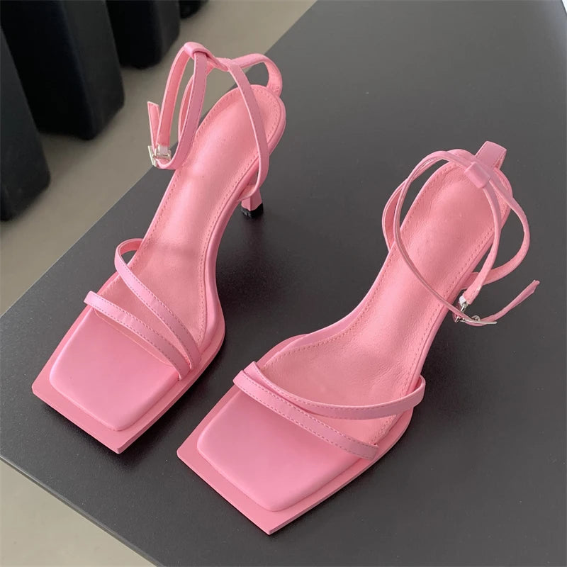 "Sexy Square Toe Ankle Strap Sandals for Women: High Heels Summer Wedding Party Shoes."