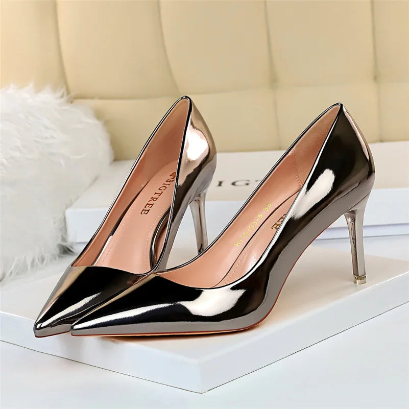 "Exquisite Women's Patent Leather Pumps - 7.5cm & 10.5cm High Heels, Metallic Stiletto Wedding Bridal Shoes."
