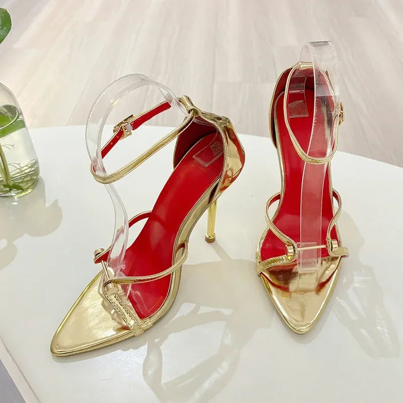 "High Heel Ankle Strap Sandals for Women - Sexy Metal Pointed Toe Wedding & Banquet Shoes"
