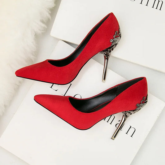 "Elegant Carved Metal Heels Wedding Pumps for Women - Stylish Pointy Toe High Heel Shoes"