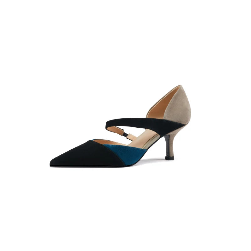 Handmade Women's Sheep Suede Slip-On Pumps with Elastic Band, Pointed Toe, and Thin Heels in Mixed Colors