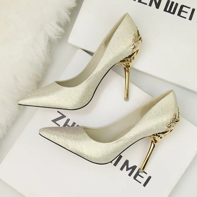 "Elegant Carved Metal Heels Wedding Pumps for Women - Stylish Pointy Toe High Heel Shoes"