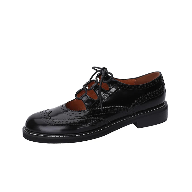 Stylish Women's Genuine Leather Oxford Shoes - Black & White Lace-Up Brogues Loafers