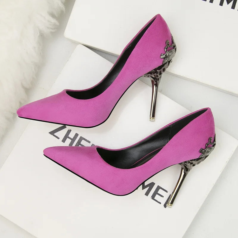 "Elegant Carved Metal Heels Wedding Pumps for Women - Stylish Pointy Toe High Heel Shoes"