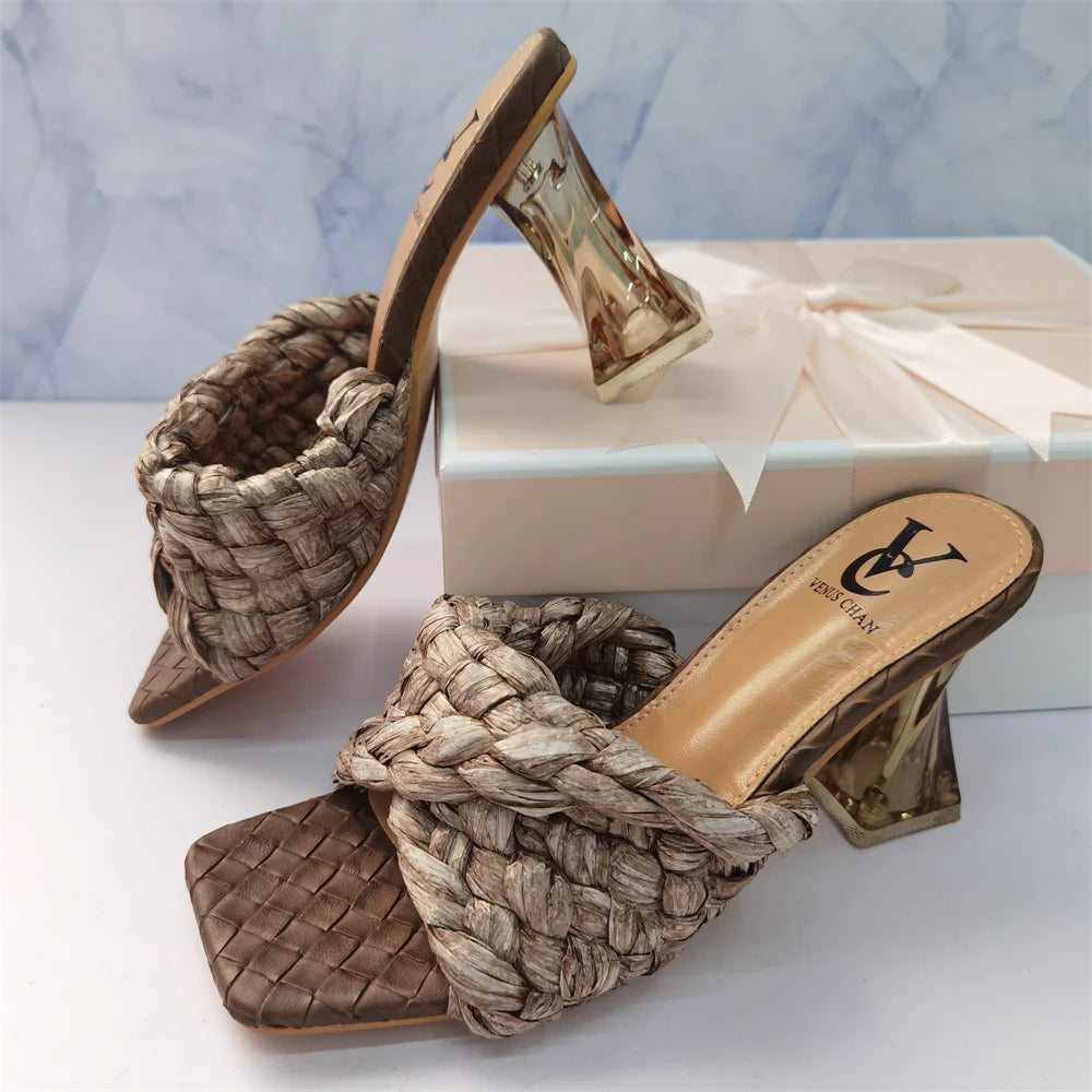 "Summer Women's Thin High Heels - Fashionable Cross-Tied Retro Patchwork Peep-Toe Slippers with Crystal Heels"