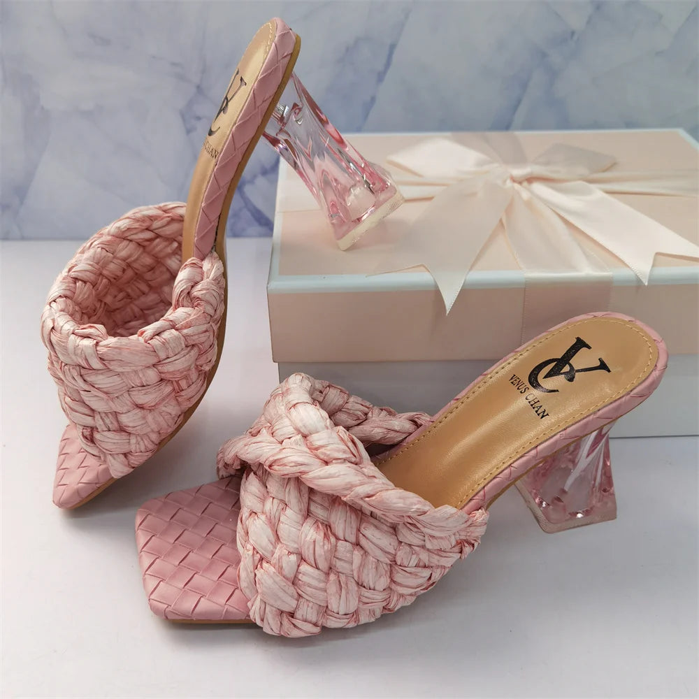 "Summer Women's Thin High Heels - Fashionable Cross-Tied Retro Patchwork Peep-Toe Slippers with Crystal Heels"