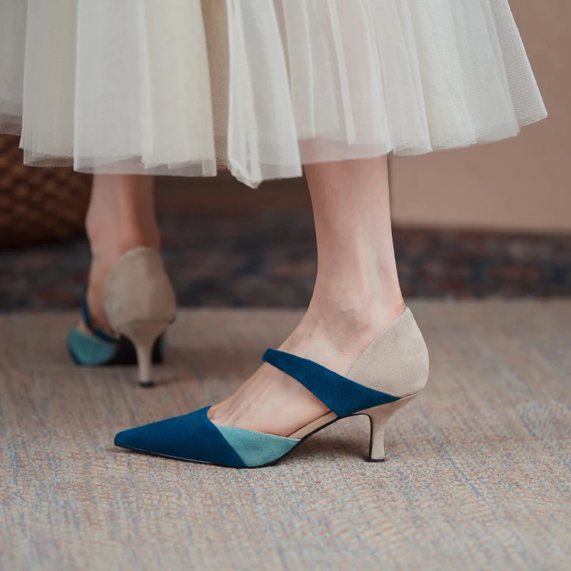 Handmade Women's Sheep Suede Slip-On Pumps with Elastic Band, Pointed Toe, and Thin Heels in Mixed Colors