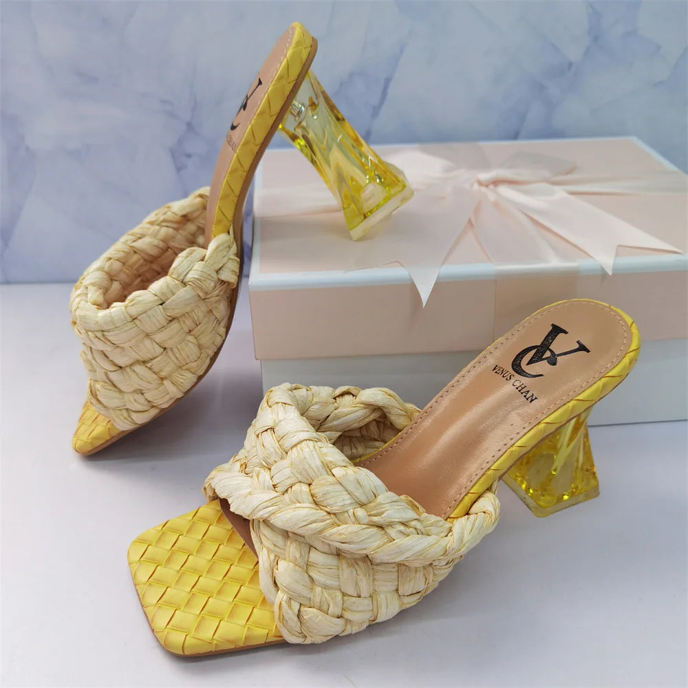 "Summer Women's Thin High Heels - Fashionable Cross-Tied Retro Patchwork Peep-Toe Slippers with Crystal Heels"