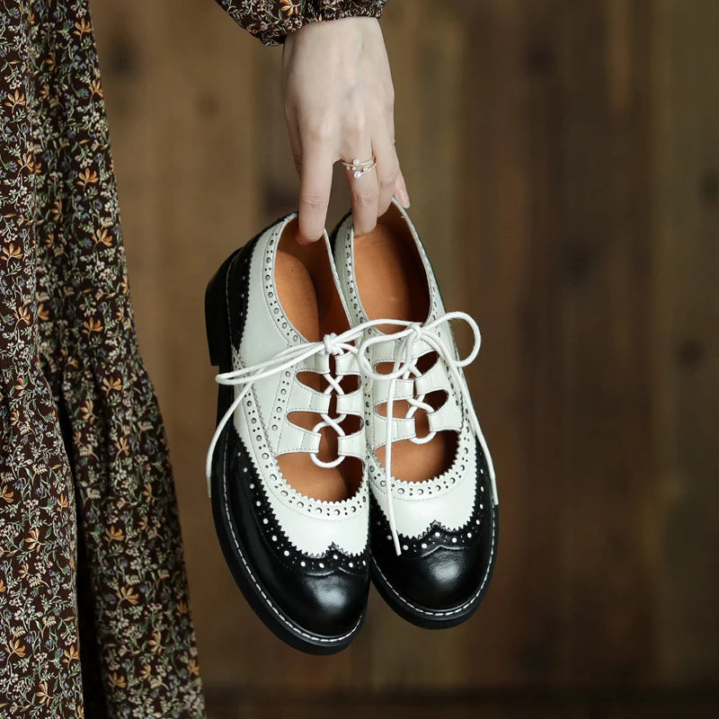 Stylish Women's Genuine Leather Oxford Shoes - Black & White Lace-Up Brogues Loafers