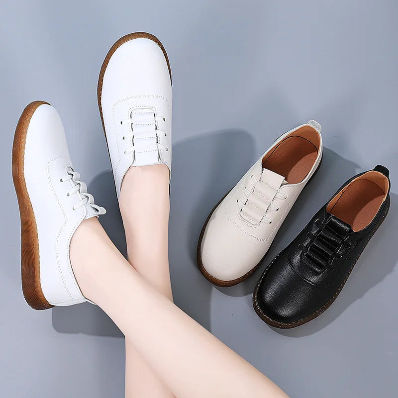 Women's Genuine Leather White Flats Loafers: Soft, Non-Slip Vulcanized Shoes