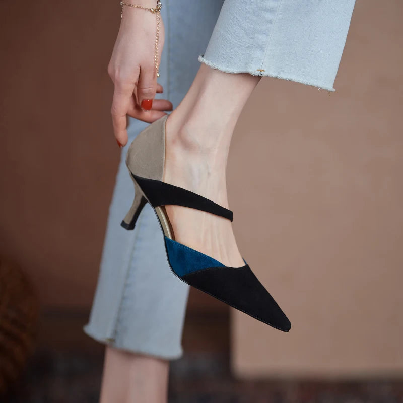 Handmade Women's Sheep Suede Slip-On Pumps with Elastic Band, Pointed Toe, and Thin Heels in Mixed Colors