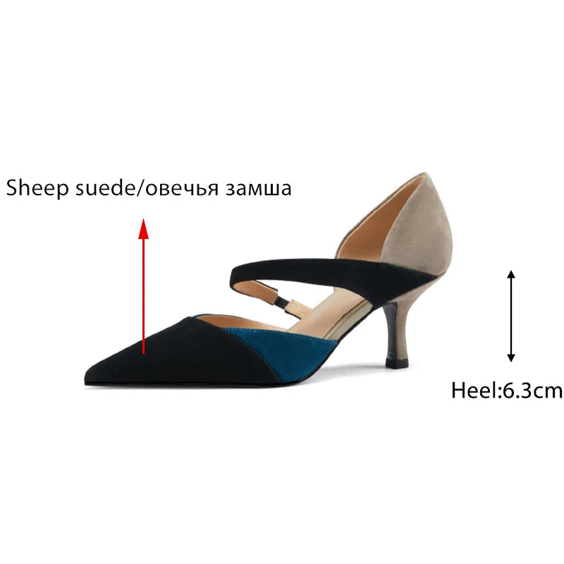 Handmade Women's Sheep Suede Slip-On Pumps with Elastic Band, Pointed Toe, and Thin Heels in Mixed Colors