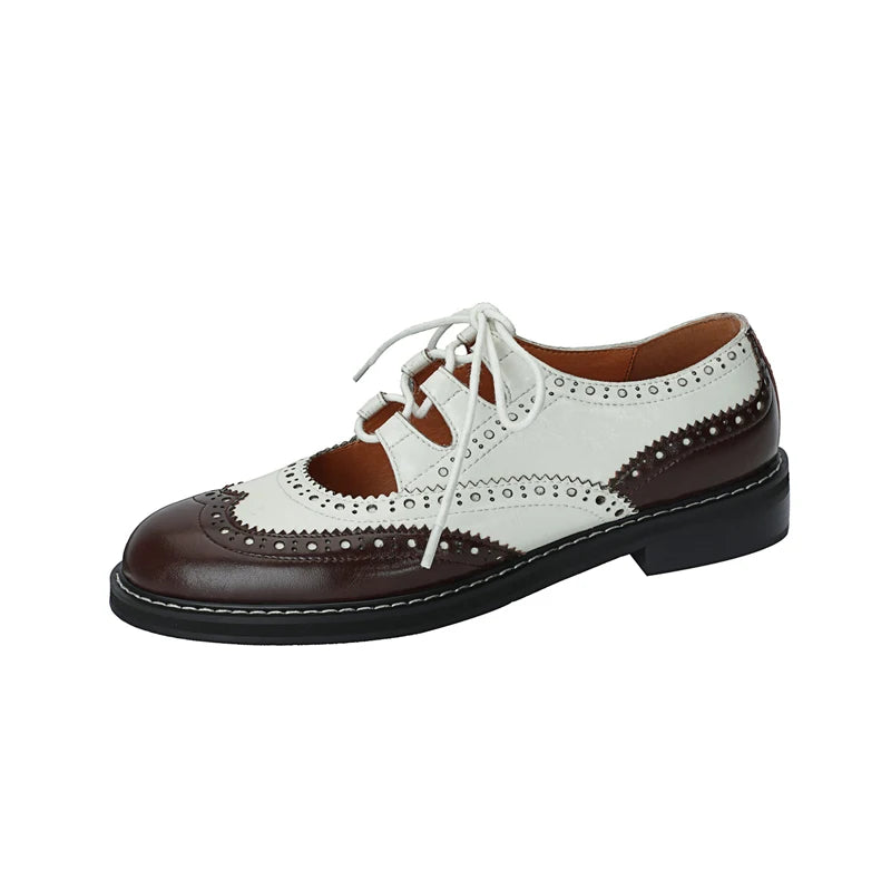 Stylish Women's Genuine Leather Oxford Shoes - Black & White Lace-Up Brogues Loafers