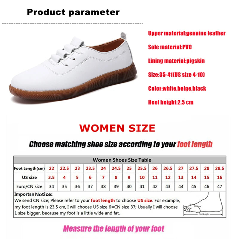 Women's Genuine Leather White Flats Loafers: Soft, Non-Slip Vulcanized Shoes