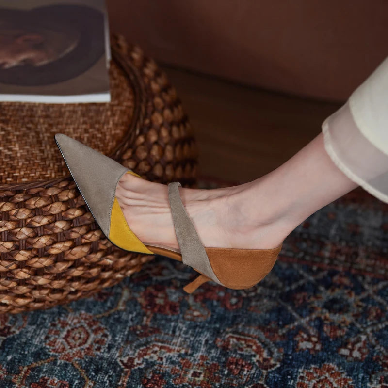 Handmade Women's Sheep Suede Slip-On Pumps with Elastic Band, Pointed Toe, and Thin Heels in Mixed Colors