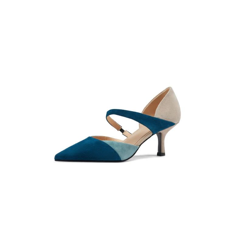 Handmade Women's Sheep Suede Slip-On Pumps with Elastic Band, Pointed Toe, and Thin Heels in Mixed Colors