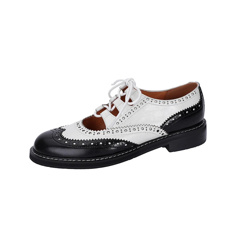 Stylish Women's Genuine Leather Oxford Shoes - Black & White Lace-Up Brogues Loafers