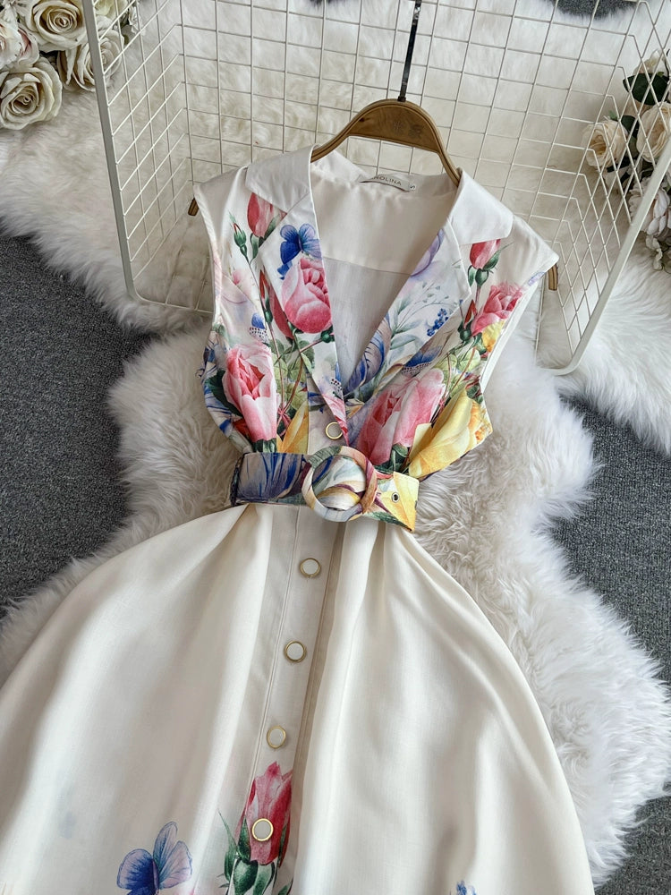 Summer Elegant Print Floral Long Dress Women's Notched Sleeveless Single Breasted Belt, Office & Partywear