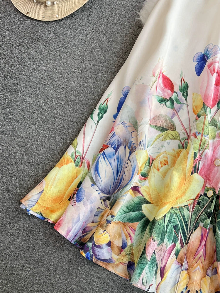 Summer Elegant Print Floral Long Dress Women's Notched Sleeveless Single Breasted Belt, Office & Partywear