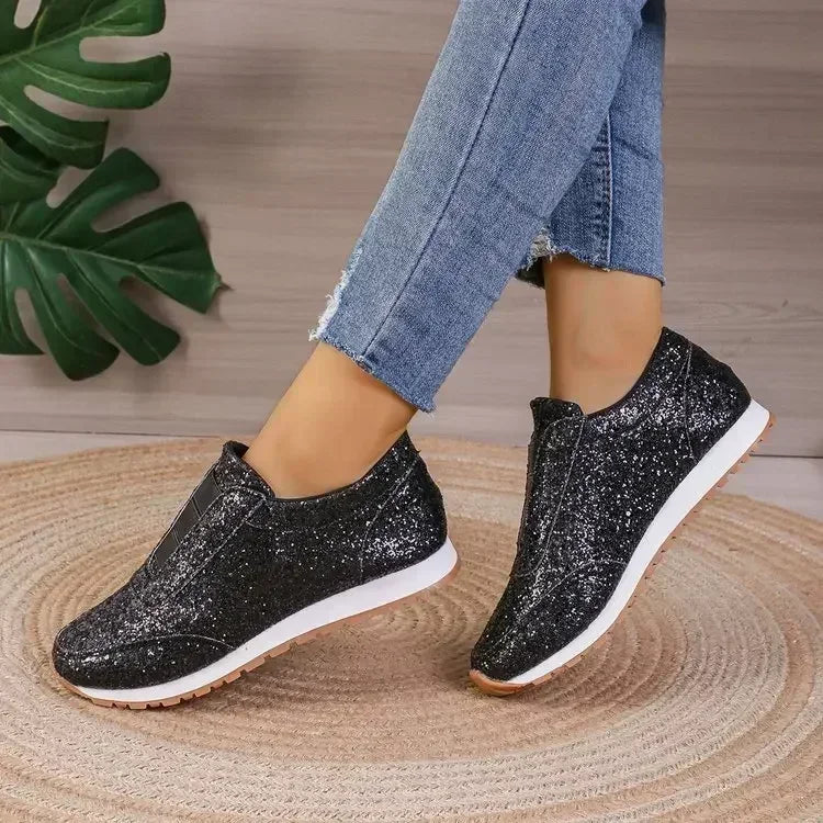 Glitter Round Toe Slip-On Canvas Sneakers for Women - Casual Sparkling Sport Shoes with Shallow Platform