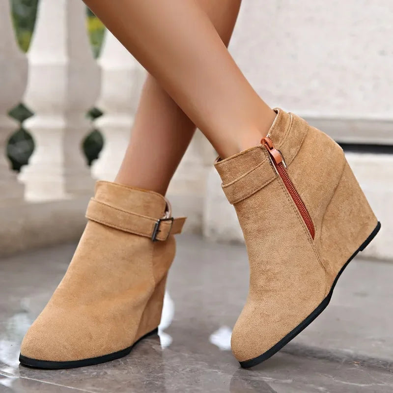 "Modern Women's Ankle Boots with Round Toe, High Wedges, Side Zip, and Warm Design"