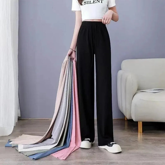 Women Pants Spring Summer Ice Silk Wide Leg Pants High Waist Loose Straight Casual Pant Female Outdoor Black Trousers