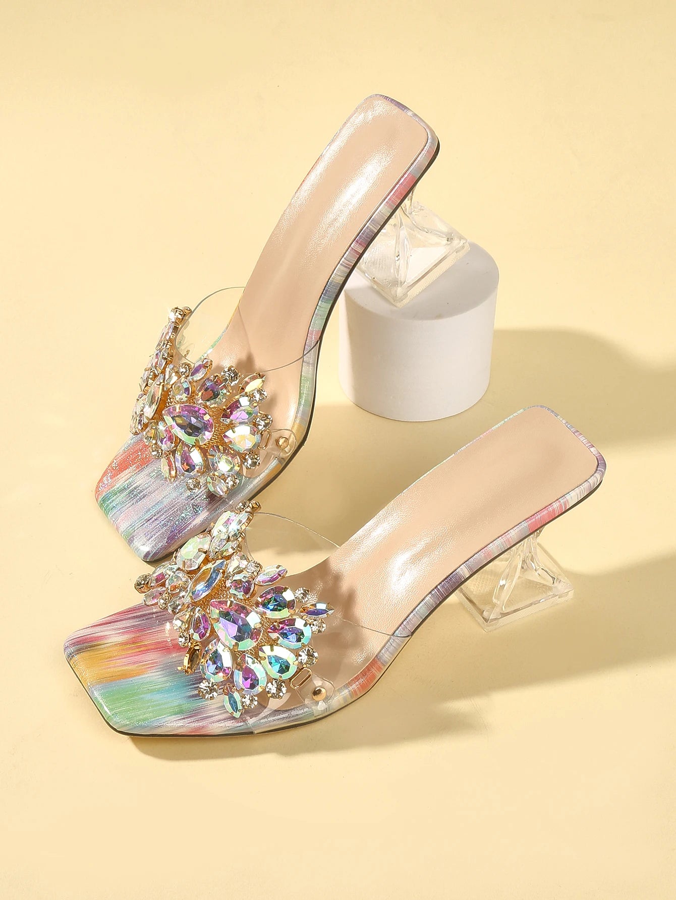"Summer French Style Fairy Open Toe Rhinestone High Heel Sandals with Comfortable Thick Heels and Multicolor Stones"