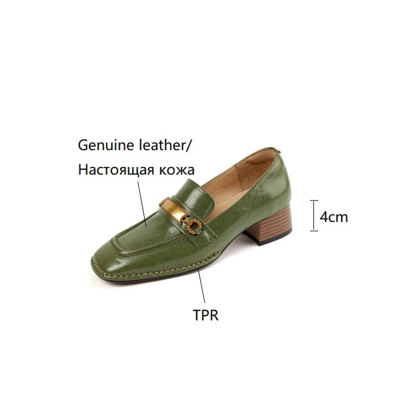 "Women’s Genuine Leather Loafers with Square Toe, Chunky Heel, and Metal Buckle – Handmade Pumps"
