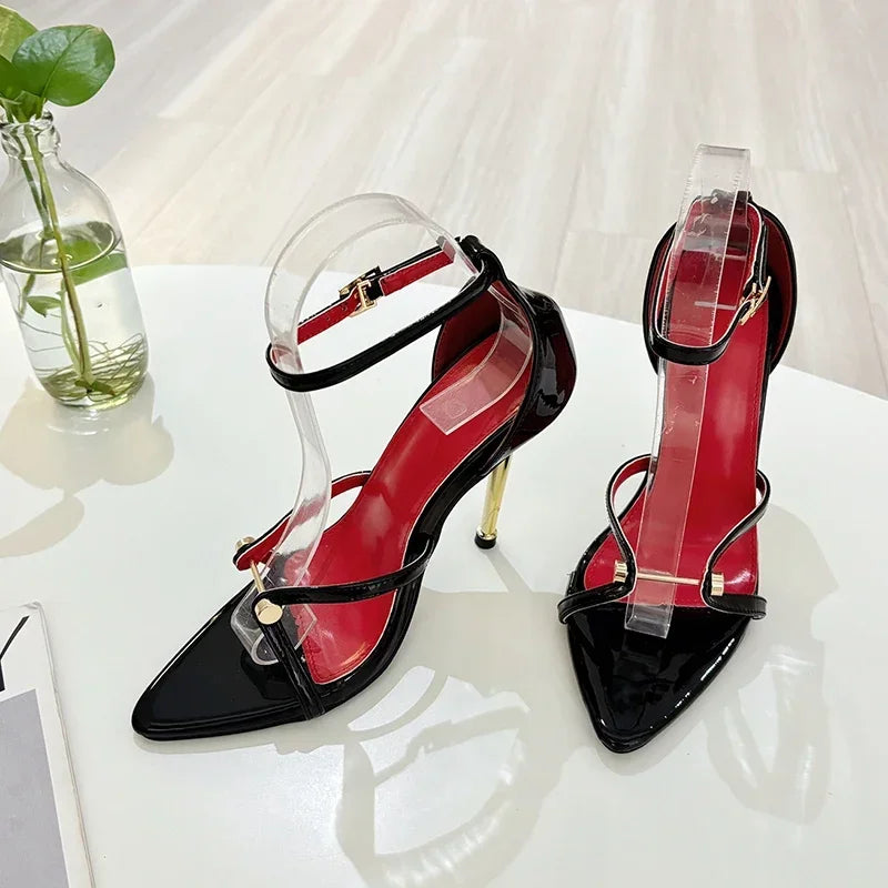 "High Heel Ankle Strap Sandals for Women - Sexy Metal Pointed Toe Wedding & Banquet Shoes"