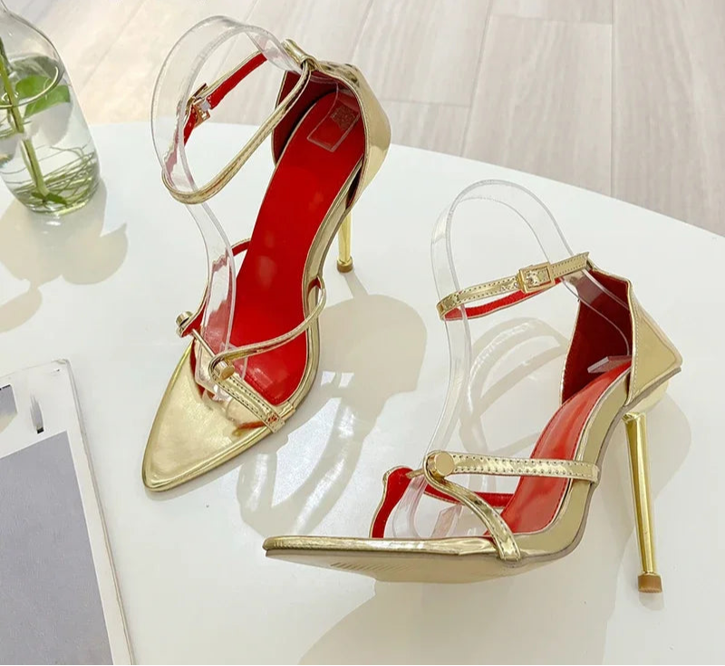 "High Heel Ankle Strap Sandals for Women - Sexy Metal Pointed Toe Wedding & Banquet Shoes"