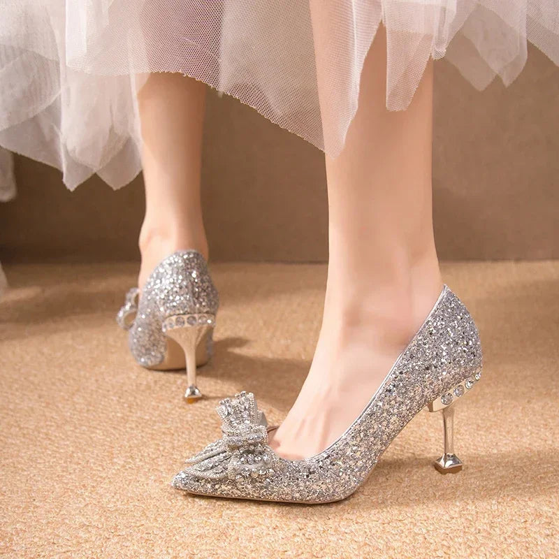 "Luxury Rhinestone Buckle Wedding Shoes for Women – High Heels with Pointed Toe in Gold, Silver, and Red (8.5cm Heel)"