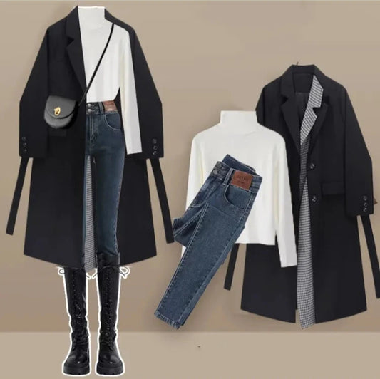 Women's Trendy 3 Piece Set - Jeans/Long Coat/Top