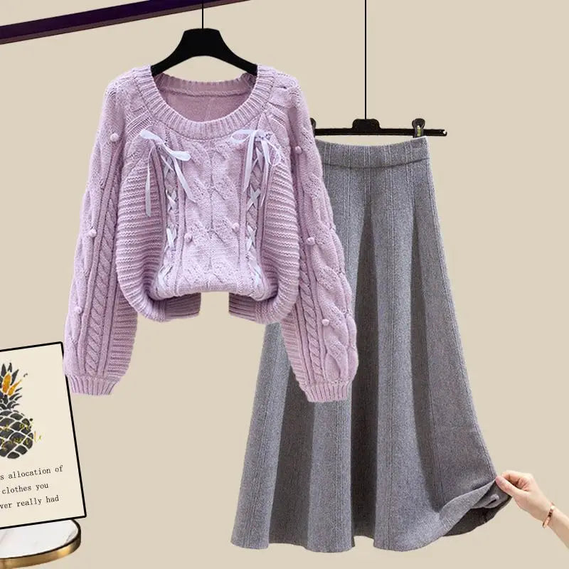 Women's Knitted Sweater & Skirt - Two Piece Set Fashion