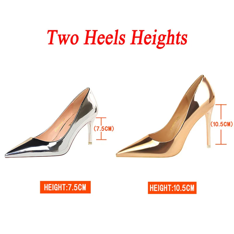 "Exquisite Women's Patent Leather Pumps - 7.5cm & 10.5cm High Heels, Metallic Stiletto Wedding Bridal Shoes."