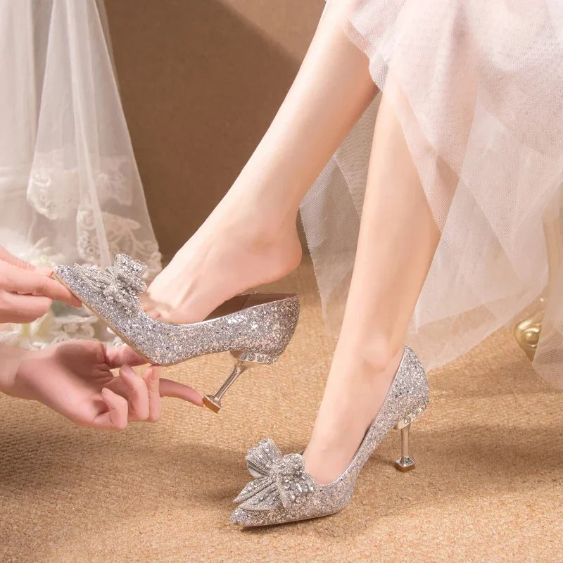 "Luxury Rhinestone Buckle Wedding Shoes for Women – High Heels with Pointed Toe in Gold, Silver, and Red (8.5cm Heel)"