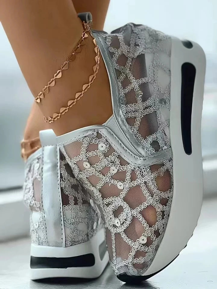 "Floral Embroidery Mesh Slip-On Sneakers for Women - Casual Comfy Heeled Shoes"