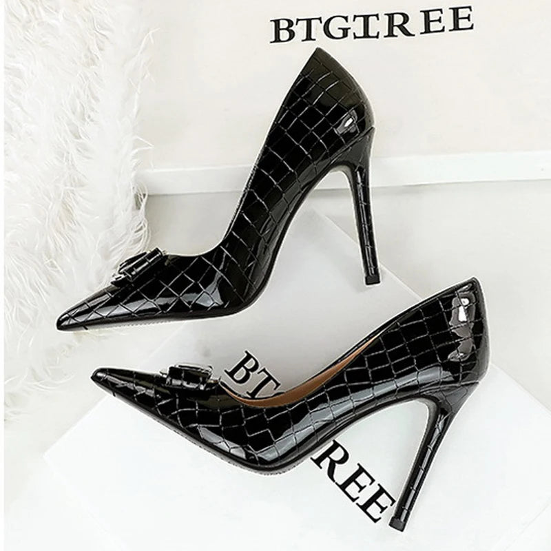 "Exquisite Fashion Statement: Patent Leather Metal Buckle Pointed Toe Heels Pumps for Elegant Women"