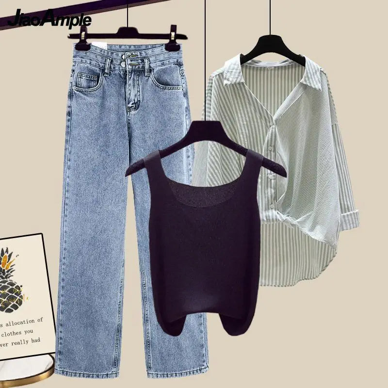 Women's Chic Jean Top and Collar Shirt 3-Piece Set