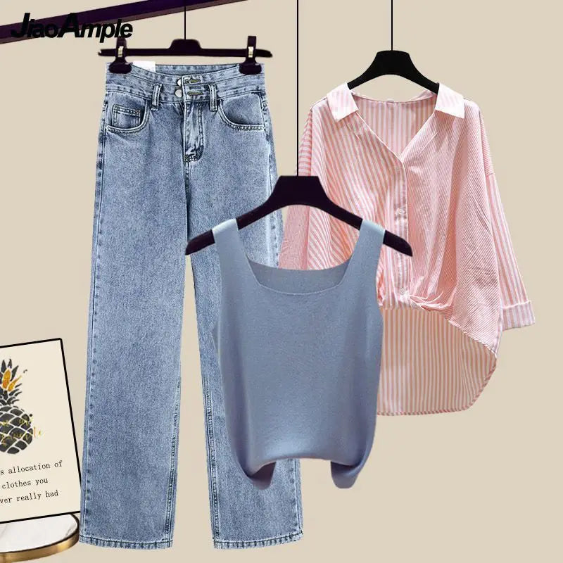 Women's Chic Jean Top and Collar Shirt 3-Piece Set